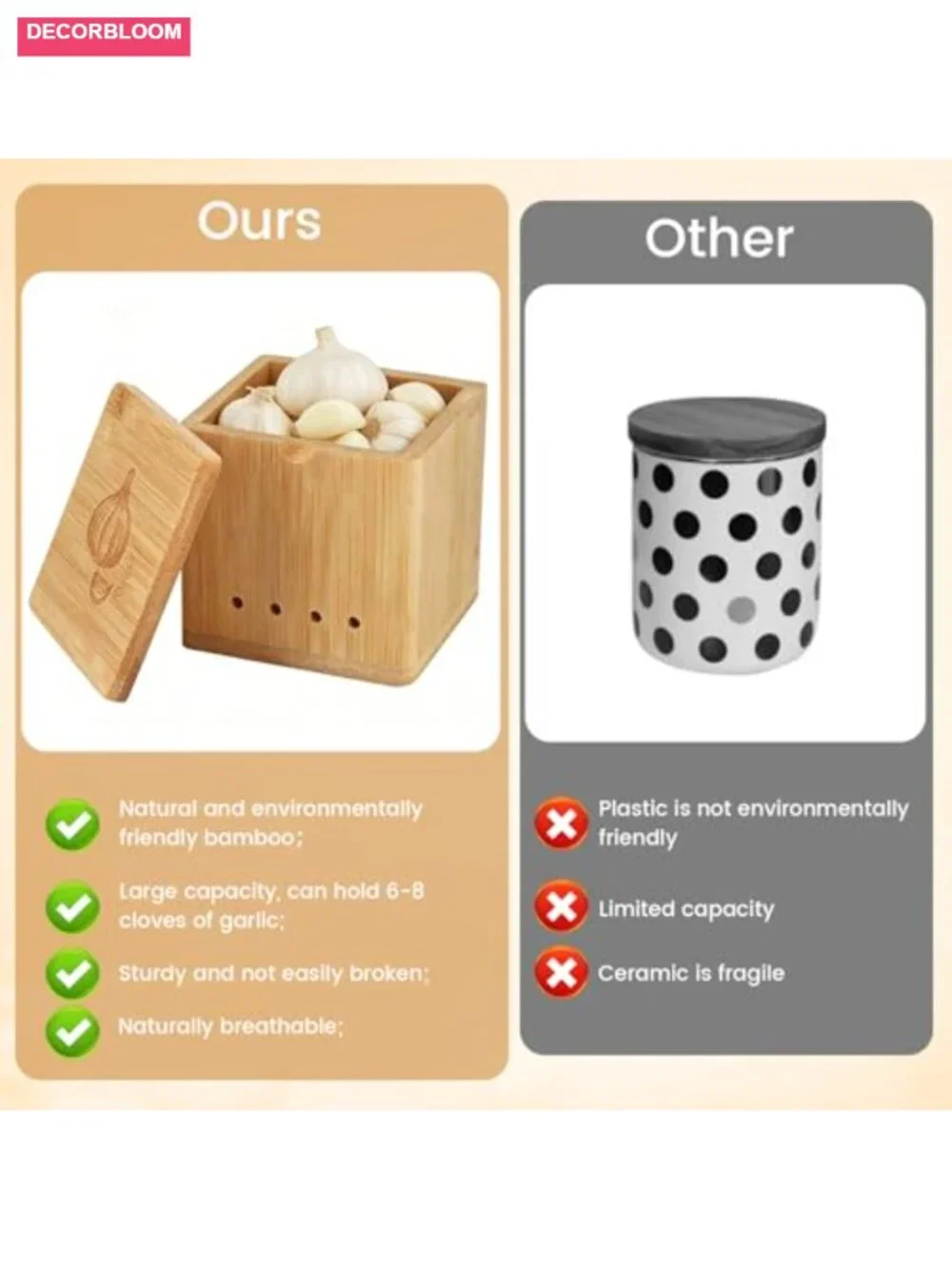 Bamboo Garlic Keeper Large Counter Storage with Lid